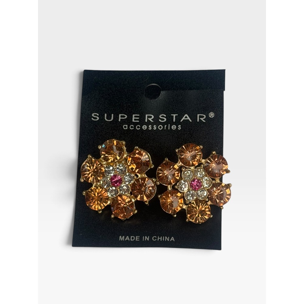 Superstar Accessories Amber Pink Rhinestone Flower Stud Earrings Gold Tone New
